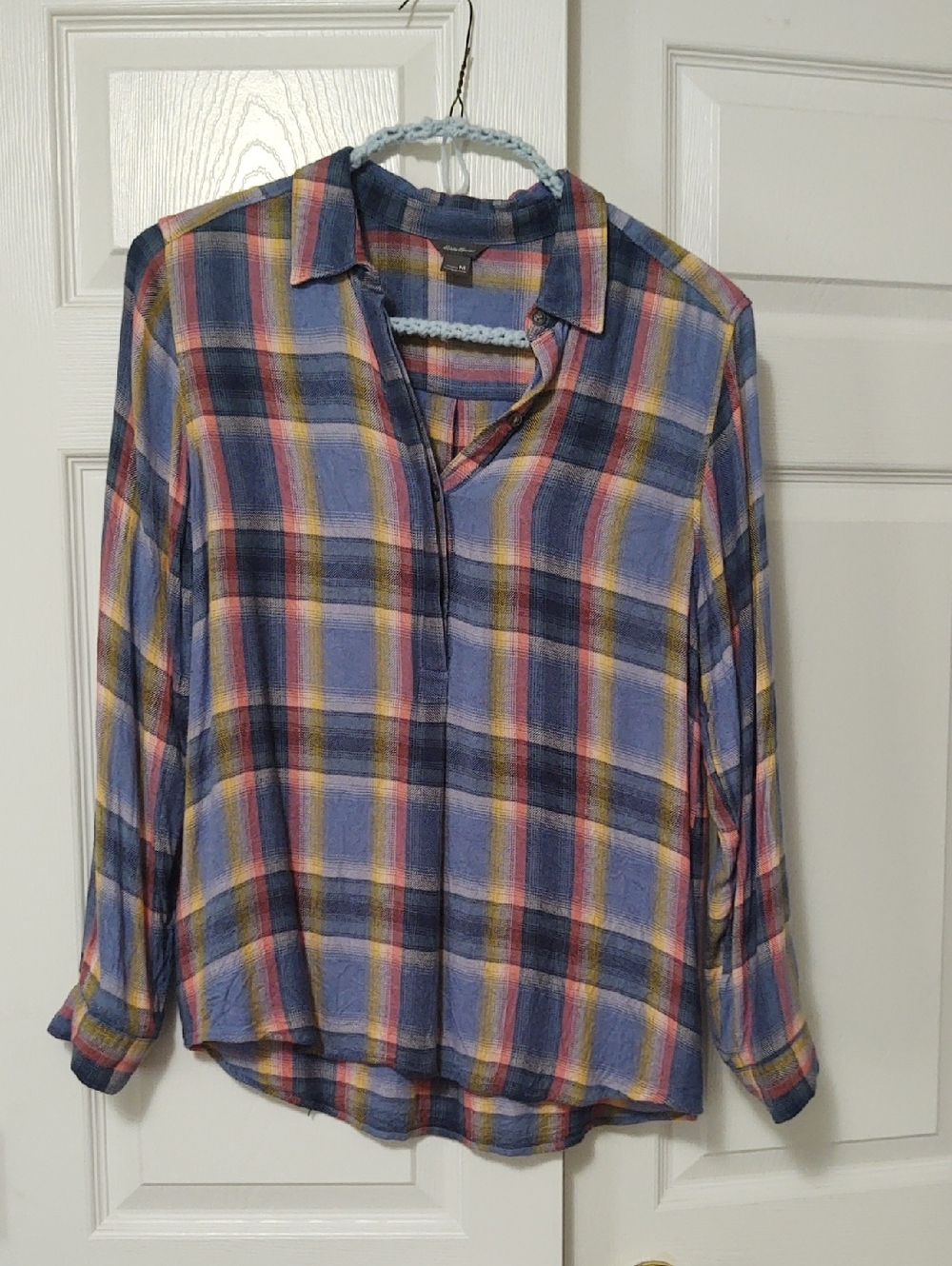 Eddie Bauer Plaid Button-Down Shirt in Blue, Yellow and Pink
